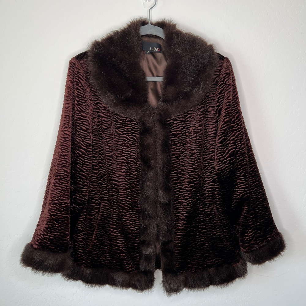 Utex Faux Fur Coat Womens Medium Brown Textured Plush Trim Jacket Retro
